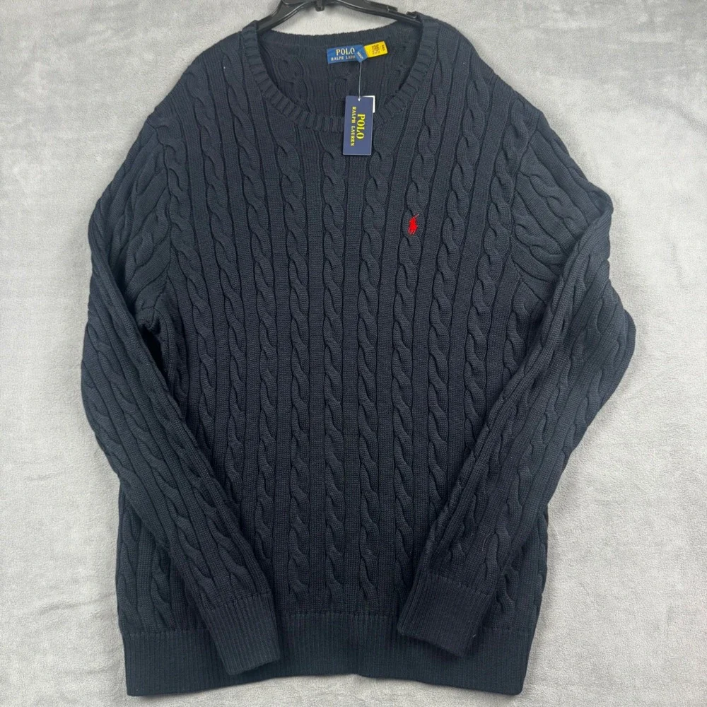 Polo Ralph Lauren Men 3LT Navy Blue Cable Knit Cotton Crewneck Sweater NWT